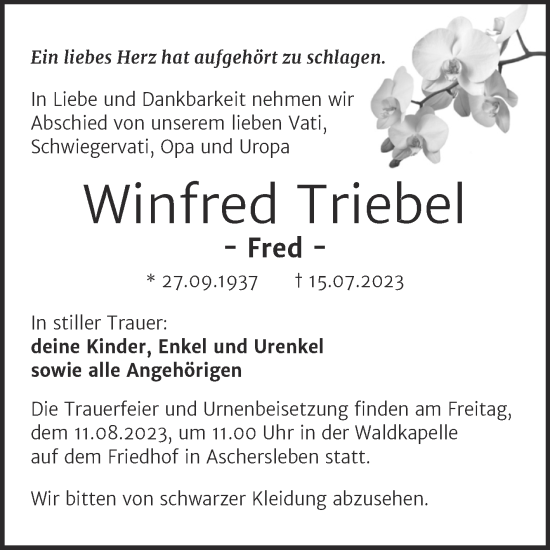 Traueranzeige von Winfred Triebel von Trauerkombi Aschersleben