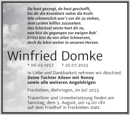Traueranzeige von Winfried Domke von Trauerkombi Aschersleben