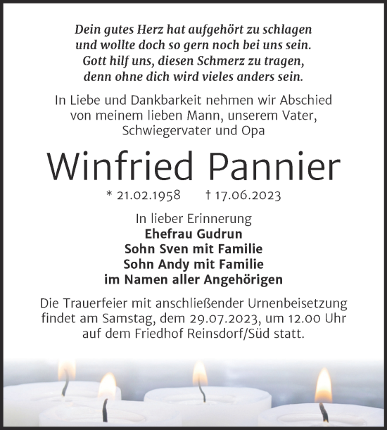 Traueranzeige von Winfried Pannier von Trauerkombi Wittenberg