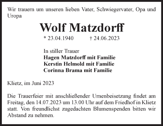 Traueranzeige von Wolf Matzdorff von Volksstimme Altmark Ost