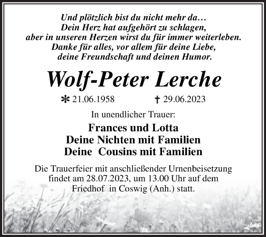 Traueranzeige von Wolf-Peter Lerche von Trauerkombi Wittenberg