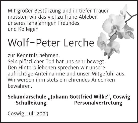 Traueranzeige von Wolf-Peter Lerche von Super Sonntag Wittenberg