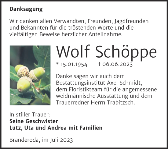 Traueranzeige von Wolf Schöppe von Super Sonntag Merseburg/Querfurt