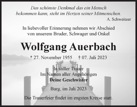 Traueranzeige von Wolfgang Auerbach von Volksstimme Burg/Genthin