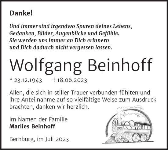 Traueranzeige von Wolfgang Beinhoff von Trauerkombi Bernburg
