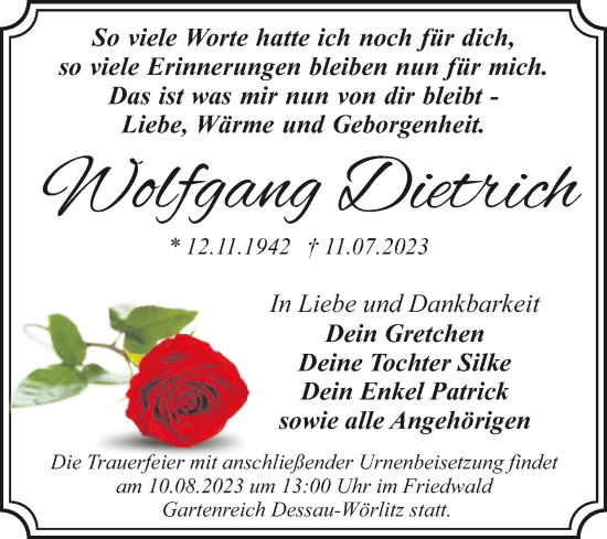 Traueranzeige von Wolfgang Dietrich von Trauerkombi Dessau