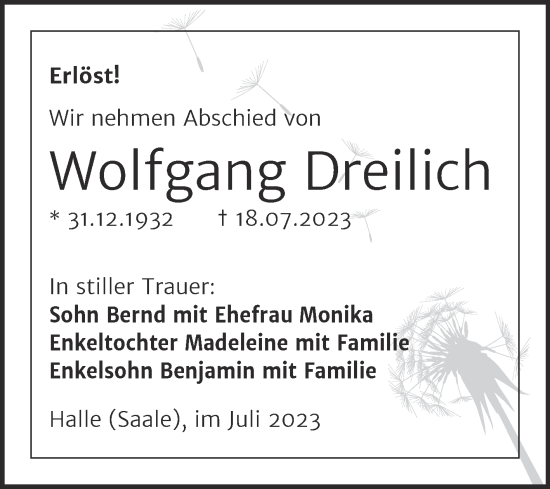 Traueranzeige von Wolfgang Dreilich von Mitteldeutsche Zeitung Halle/Saalkreis