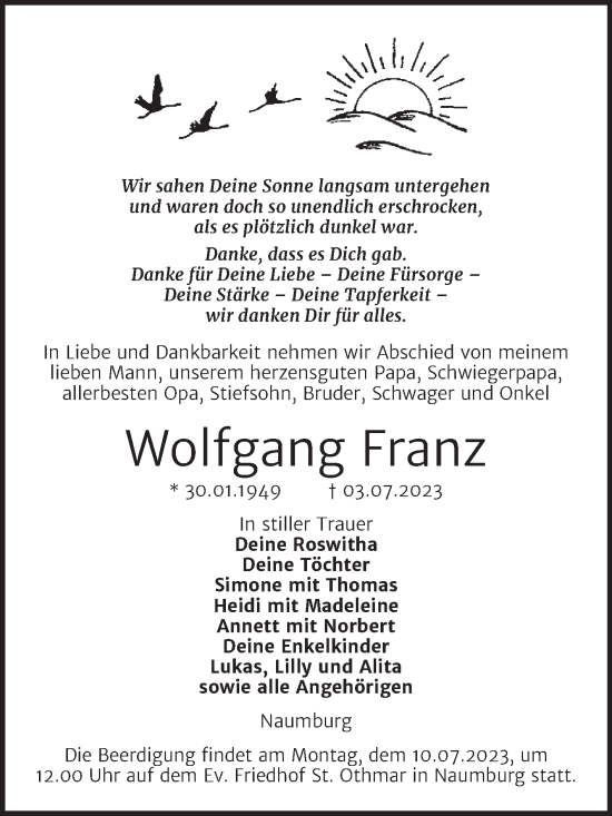 Traueranzeige von Wolfgang Franz von Naumburger Tageblatt
