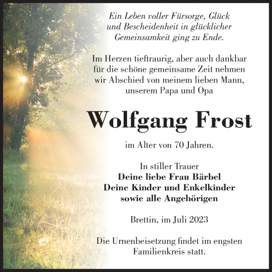 Traueranzeige von Wolfgang Frost von Volksstimme Burg/Genthin