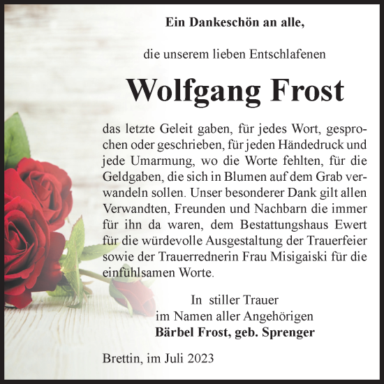Traueranzeige von Wolfgang Frost von Volksstimme Burg/Genthin
