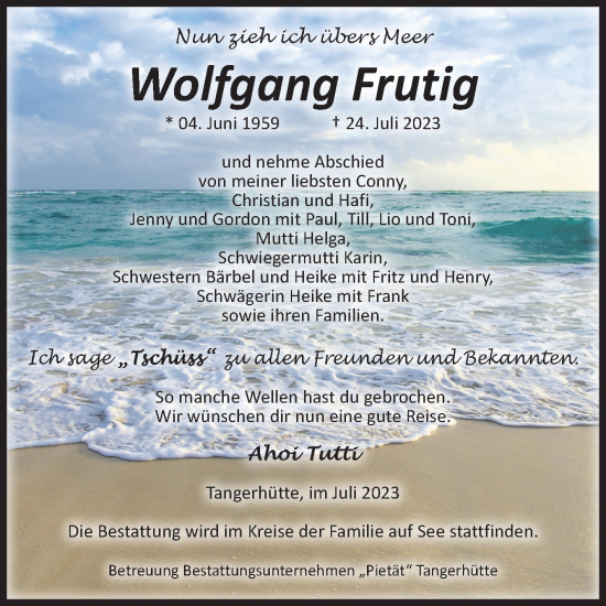 Traueranzeige von Wolfgang Frutig von Volksstimme Altmark Ost
