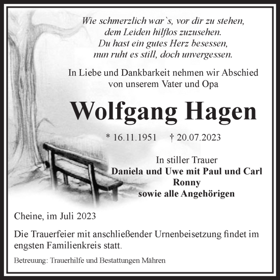 Traueranzeige von Wolfgang Hagen von Volksstimme Altmark West