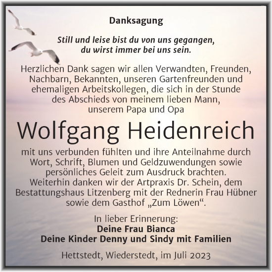 Traueranzeige von Wolfgang Heidenreich von Trauerkombi Mansfelder Land