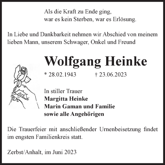 Traueranzeige von Wolfgang Heinke von Volksstimme Zerbst
