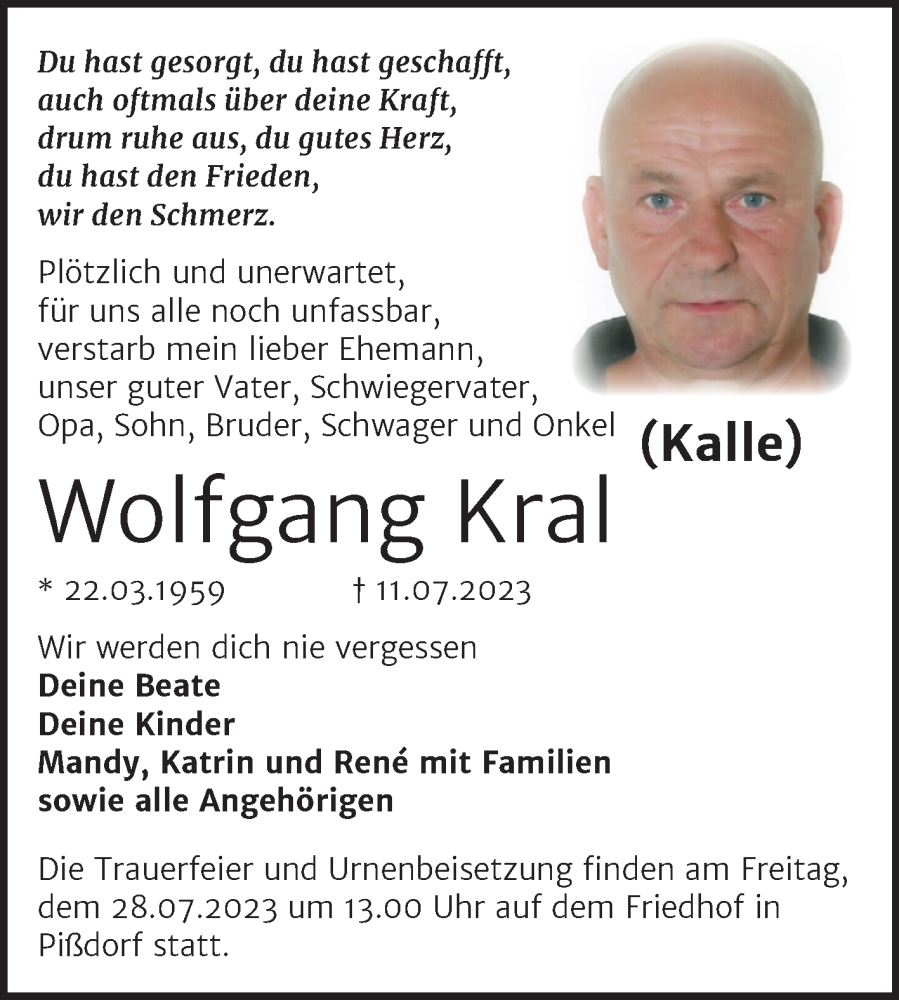  Traueranzeige für Wolfgang Kral vom 22.07.2023 aus Trauerkombi Köthen