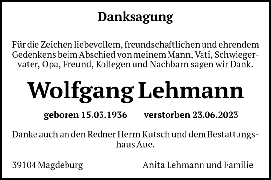Traueranzeige von Wolfgang Lehmann von Volksstimme Magdeburg