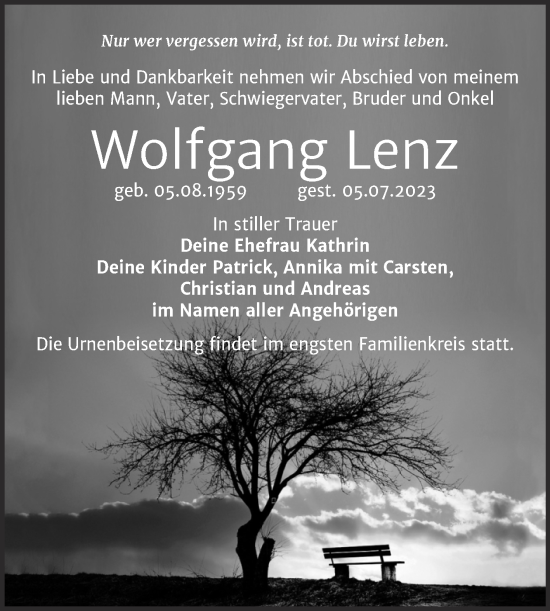 Traueranzeige von Wolfgang Lenz von Super Sonntag Wittenberg