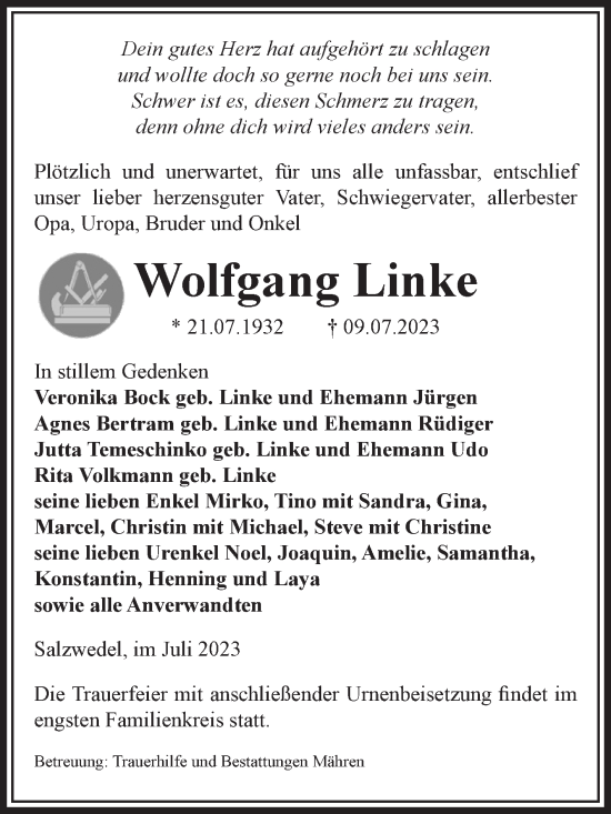 Traueranzeige von Wolfgang Linke von Volksstimme Altmark West