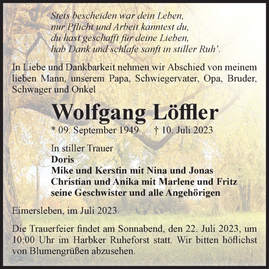 Traueranzeige von Wolfgang Löffler von Volksstimme Haldensleben/Wolmirstedt