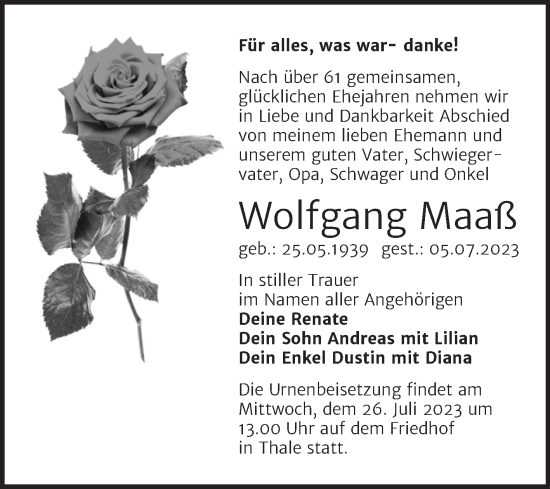 Traueranzeige von Wolfgang Maaß von Trauerkombi Quedlinburg