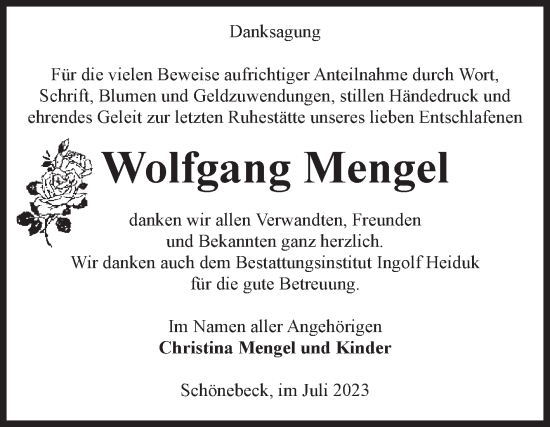 Traueranzeige von Wolfgang Mengel von Volksstimme Schönebeck