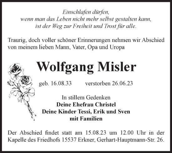 Traueranzeige von Wolfgang Misler von Volksstimme Magdeburg