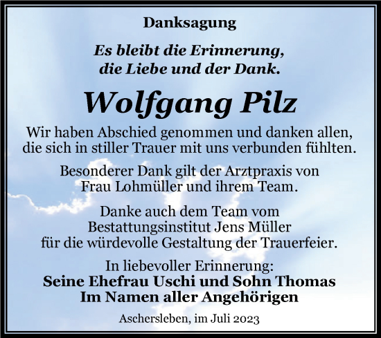 Traueranzeige von Wolfgang Pilz von Trauerkombi Aschersleben