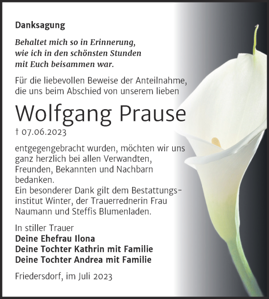 Traueranzeige von Wolfgang Prause von Trauerkombi Bitterfeld