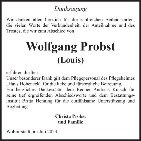 Traueranzeige von Wolfgang Probst von Volksstimme Haldensleben/Wolmirstedt