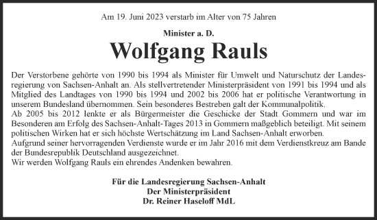 Traueranzeige von Wolfgang Rauls 