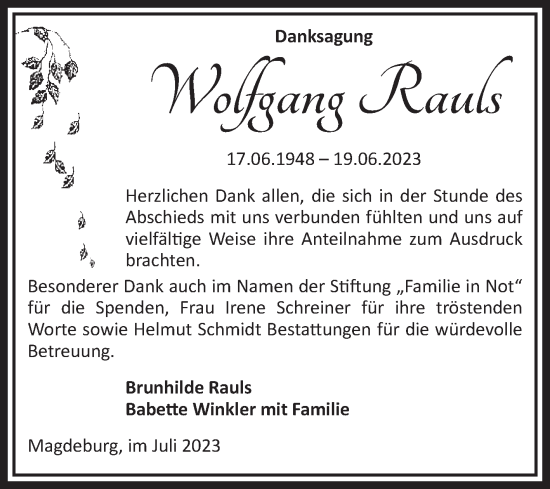 Traueranzeige von Wolfgang Rauls von Volksstimme Magdeburg