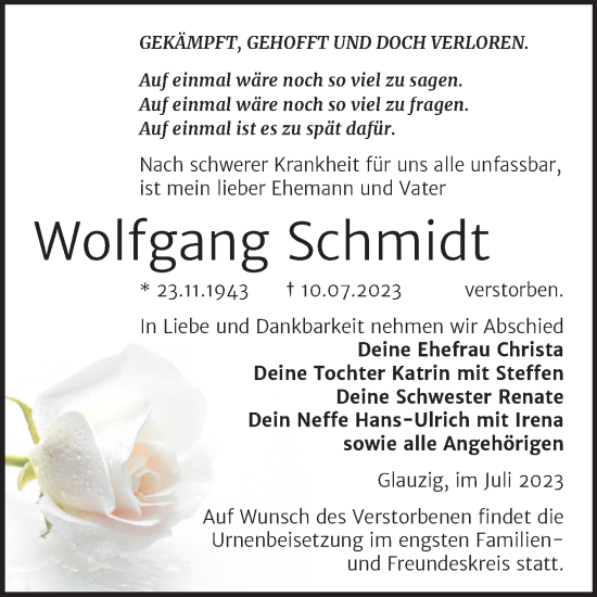 Traueranzeige von Wolfgang Schmidt von Trauerkombi Köthen