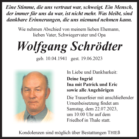 Traueranzeige von Wolfgang Schrödter von Trauerkombi Quedlinburg