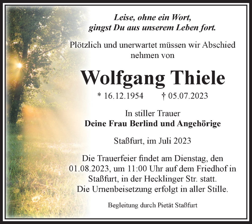  Traueranzeige für Wolfgang Thiele vom 22.07.2023 aus Volksstimme Staßfurt