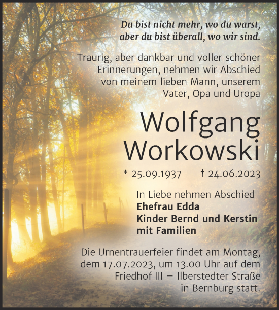 Traueranzeige von Wolfgang Workowski von Trauerkombi Bernburg