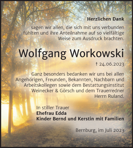 Traueranzeige von Wolfgang Workowski von Trauerkombi Bernburg