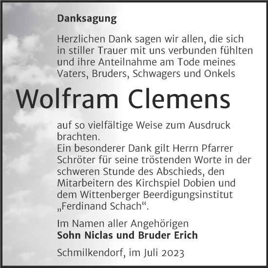 Traueranzeige von Wolfram Clemens von Trauerkombi Wittenberg