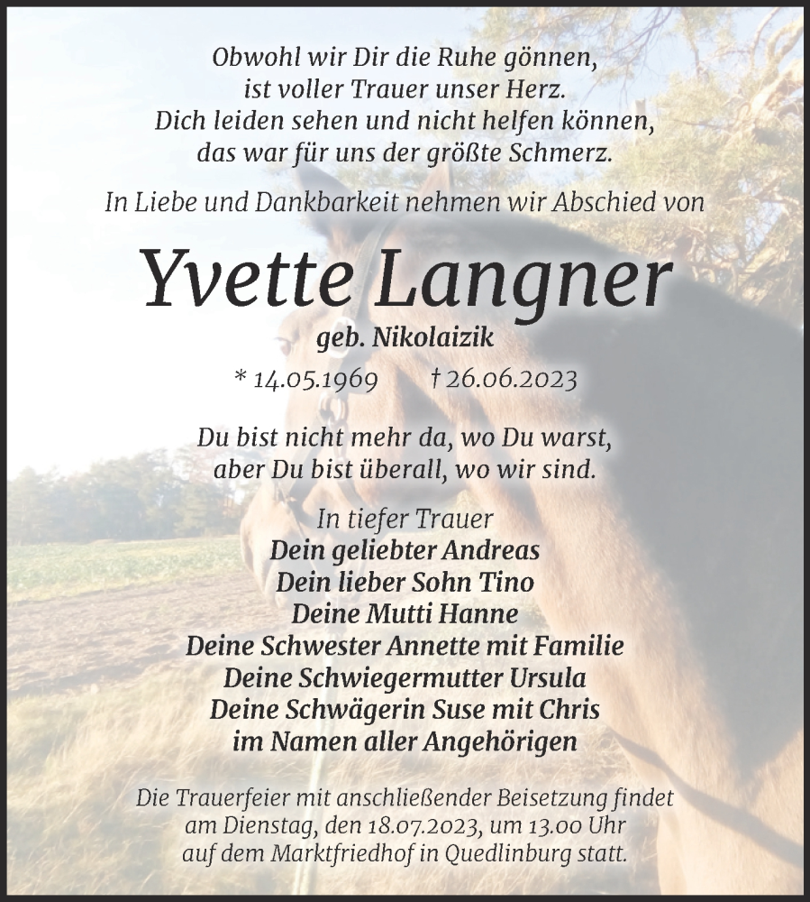  Traueranzeige für Yvette Langner vom 08.07.2023 aus Trauerkombi Quedlinburg