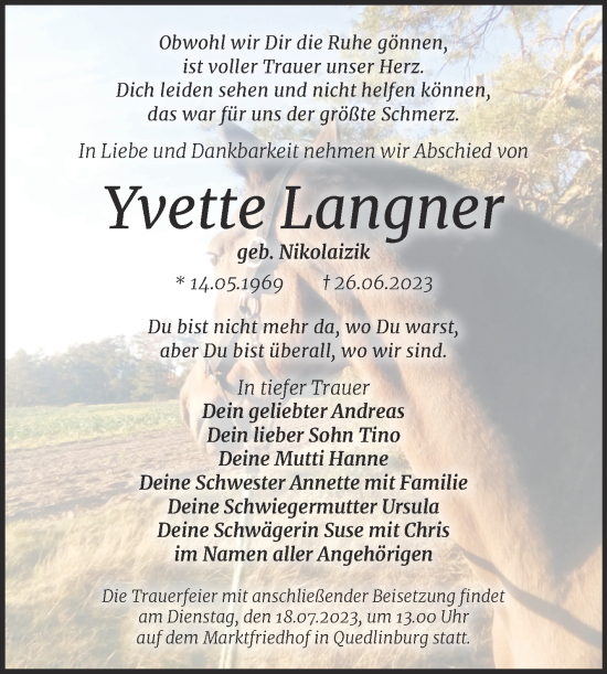 Traueranzeige von Yvette Langner von Trauerkombi Quedlinburg
