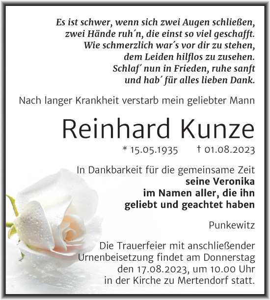 Traueranzeige von Reinhard Kunze von Wochenspiegel Naumburg/Nebra