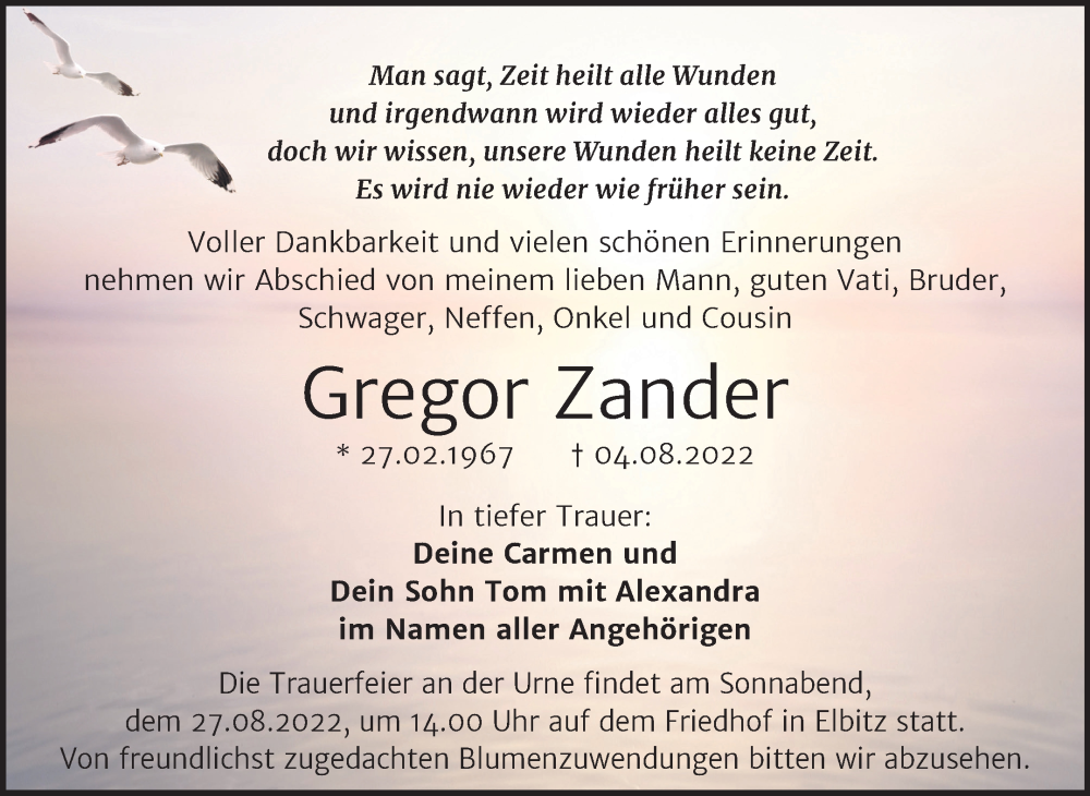  Traueranzeige für Gregor Zander vom 23.08.2022 aus Trauerkombi Mansfelder Land