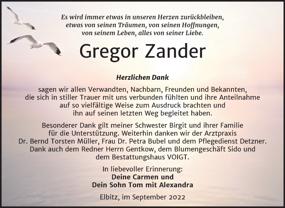  Traueranzeige für Gregor Zander vom 10.09.2022 aus Trauerkombi Mansfelder Land