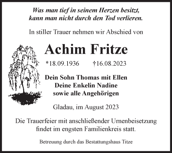 Traueranzeige von Achim Fritze von Volksstimme Burg/Genthin