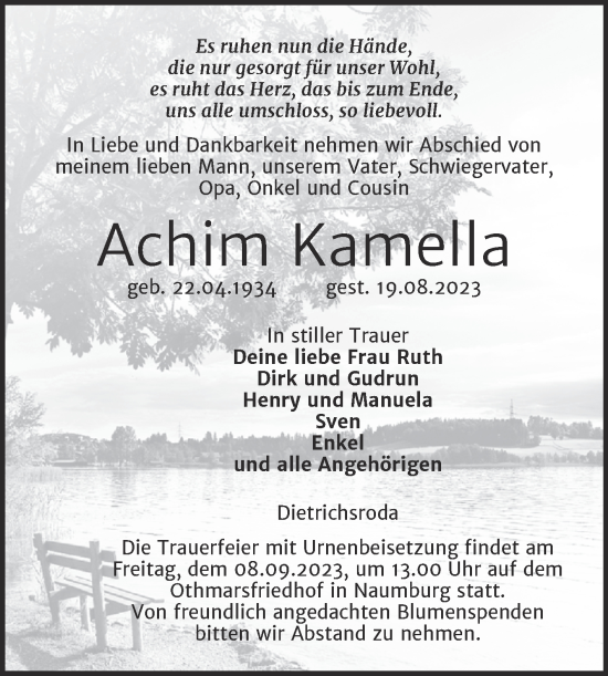 Traueranzeige von Achim Kamella von Wochenspiegel Naumburg/Nebra