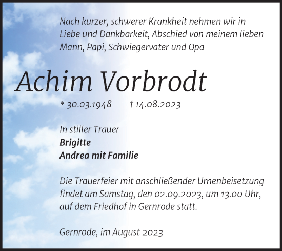 Traueranzeige von Achim Vorbrodt von Trauerkombi Quedlinburg