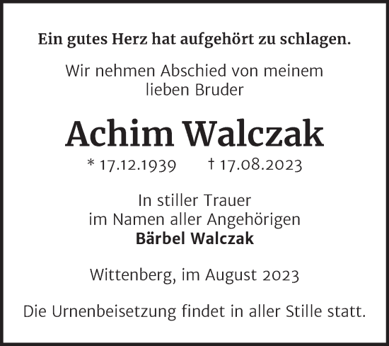 Traueranzeige von Achim Walczak von Trauerkombi Wittenberg