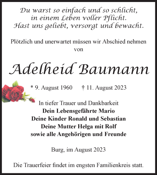 Traueranzeige von Adelheid Baumann von Volksstimme Burg/Genthin