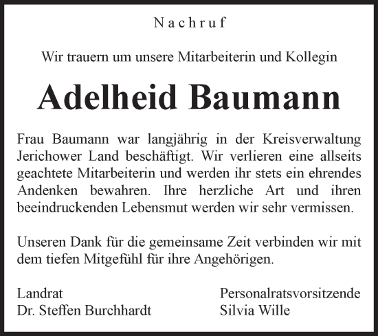Traueranzeige von Adelheid Baumann von Volksstimme Burg/Genthin