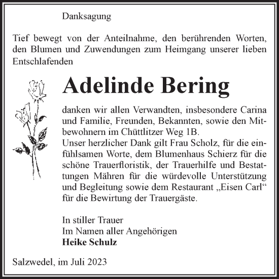 Traueranzeige von Adelinde Bering von Volksstimme Altmark West