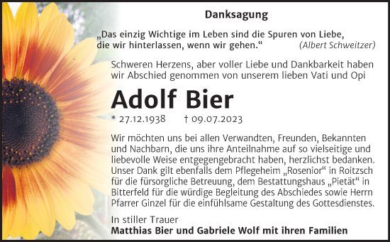 Traueranzeige von Adolf Bier von Trauerkombi Bitterfeld